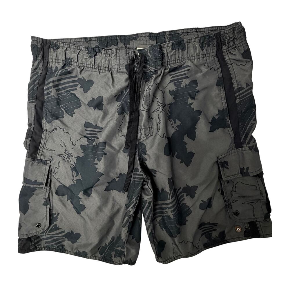 Hang Ten Swim Trunks Mens Large Gray Floral Cargo Board Shorts Beach Swimwear